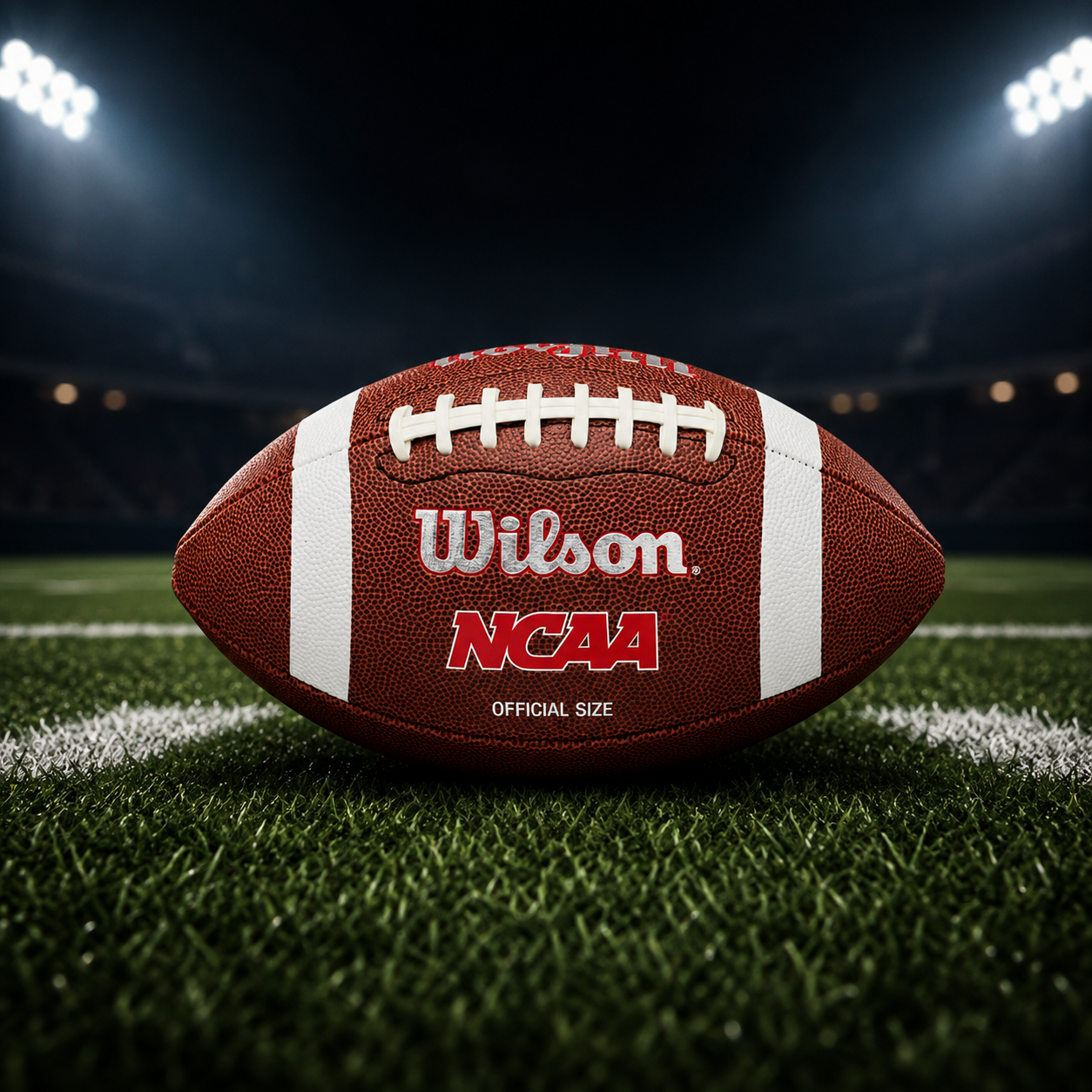 Wilson NCAA football on stadium turf under the lights