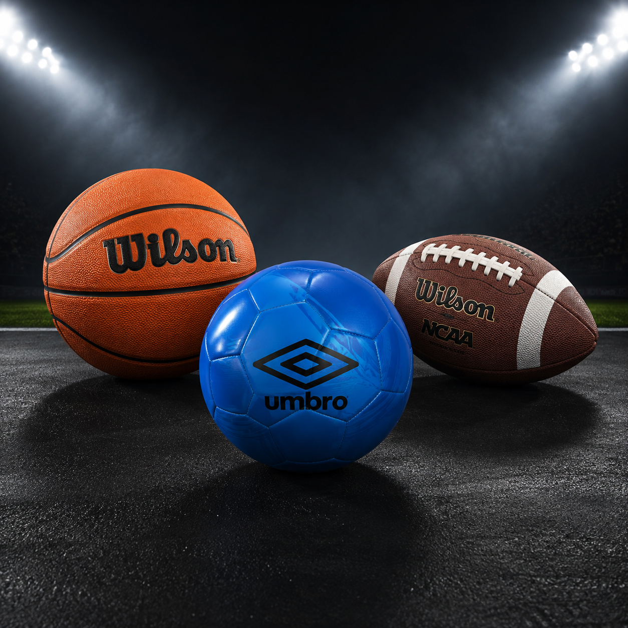 Umbro soccer ball, Wilson basketball, and Wilson football