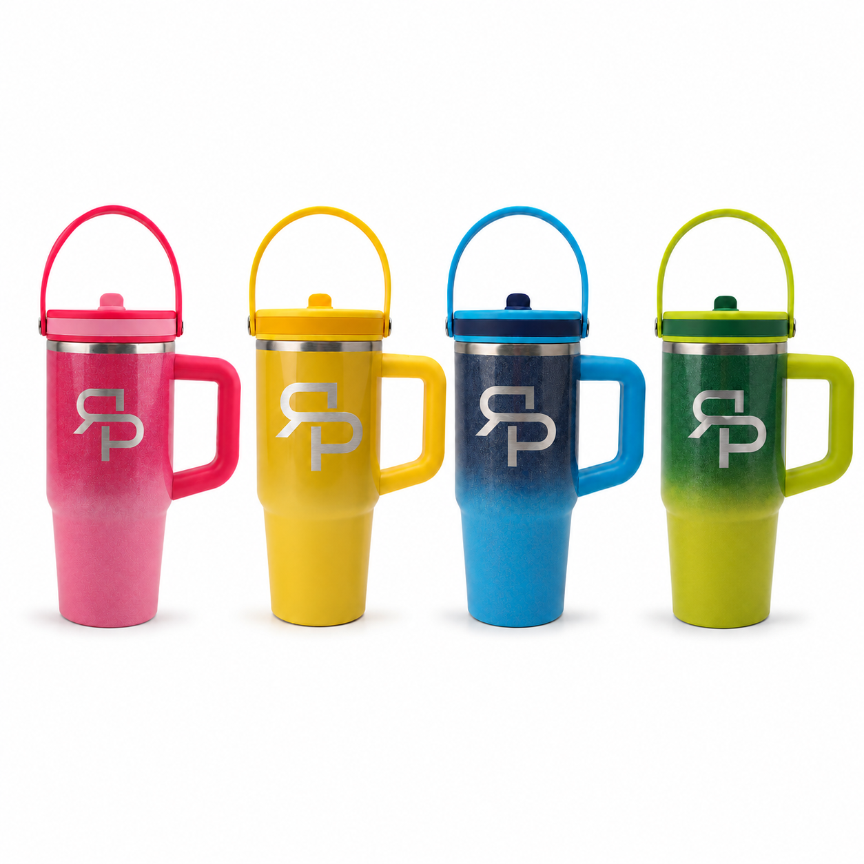 Four RSP 20 oz insulated tumblers in Sparkle Pink, Yellow, Sparkle Blue, and Green and Lime