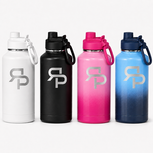 RSP 64 oz sports jugs in White, Black, Pink Ombre, and Blue Ombre