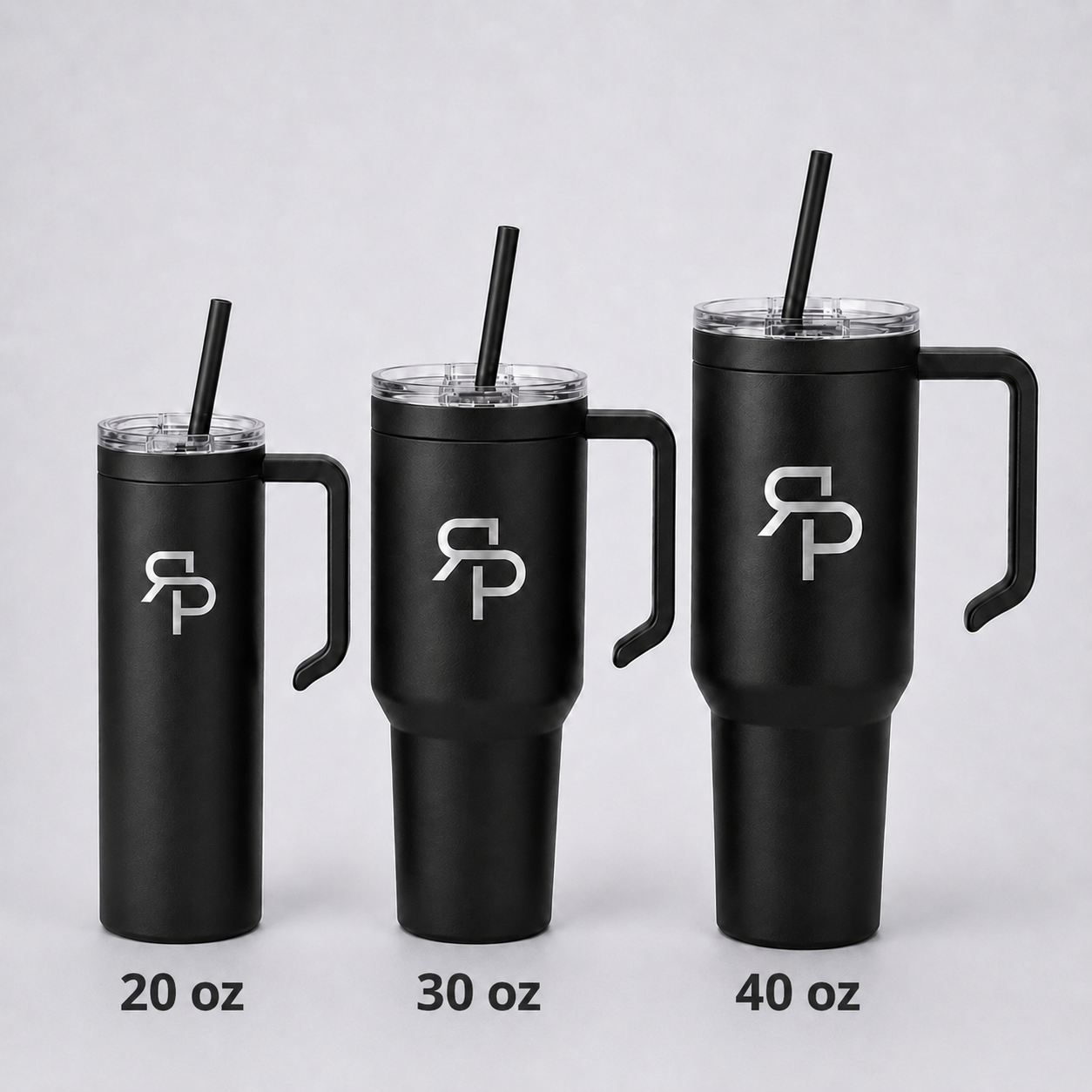 Black RSP Classic Tumblers labeled 20 oz, 30 oz, and 40 oz