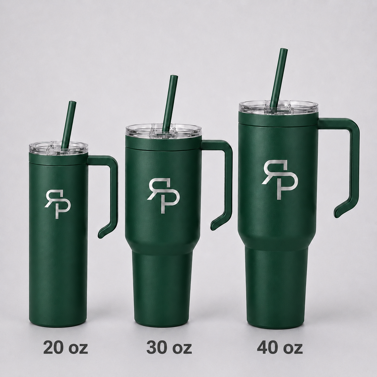 Green RSP Classic Tumblers labeled 20 oz, 30 oz, and 40 oz