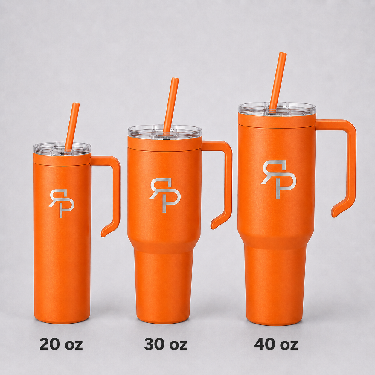 Orange RSP Classic Tumblers labeled 20 oz, 30 oz, and 40 oz