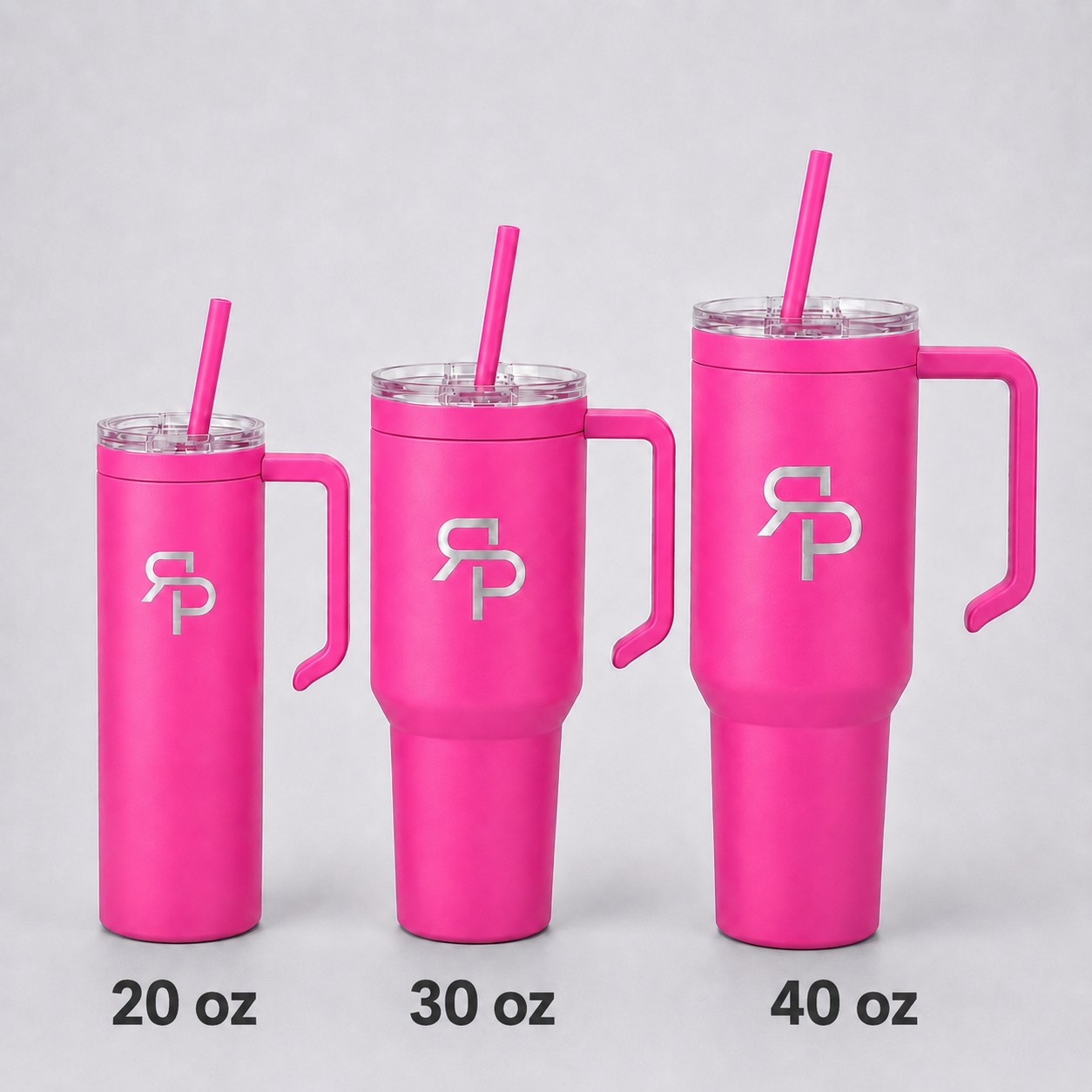 Pink RSP Classic Tumblers labeled 20 oz, 30 oz, and 40 oz
