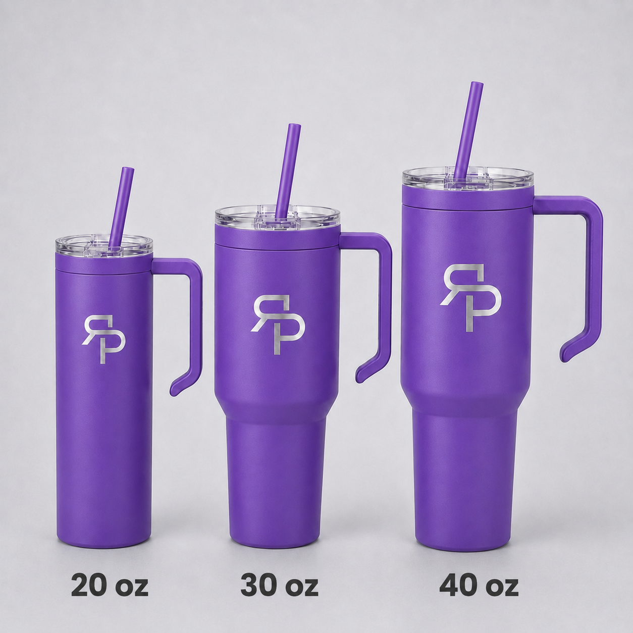 Purple RSP Classic Tumblers labeled 20 oz, 30 oz, and 40 oz