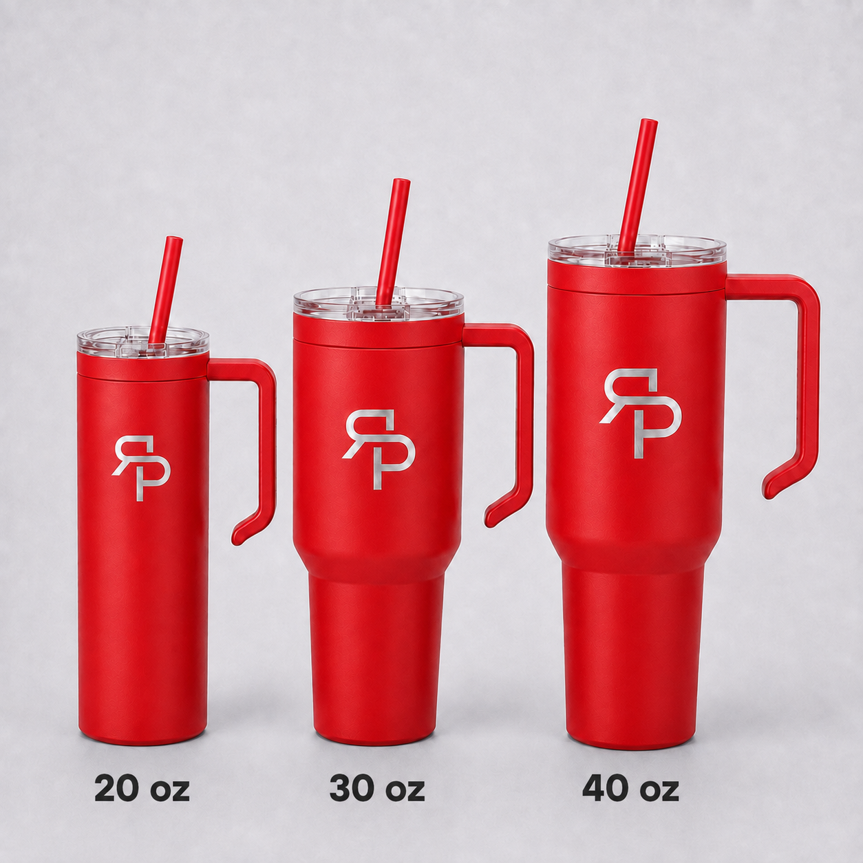 Red RSP Classic Tumblers labeled 20 oz, 30 oz, and 40 oz