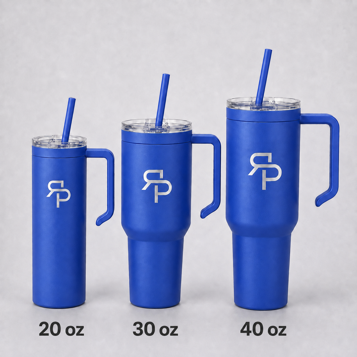 Royal Blue RSP Classic Tumblers labeled 20 oz, 30 oz, and 40 oz