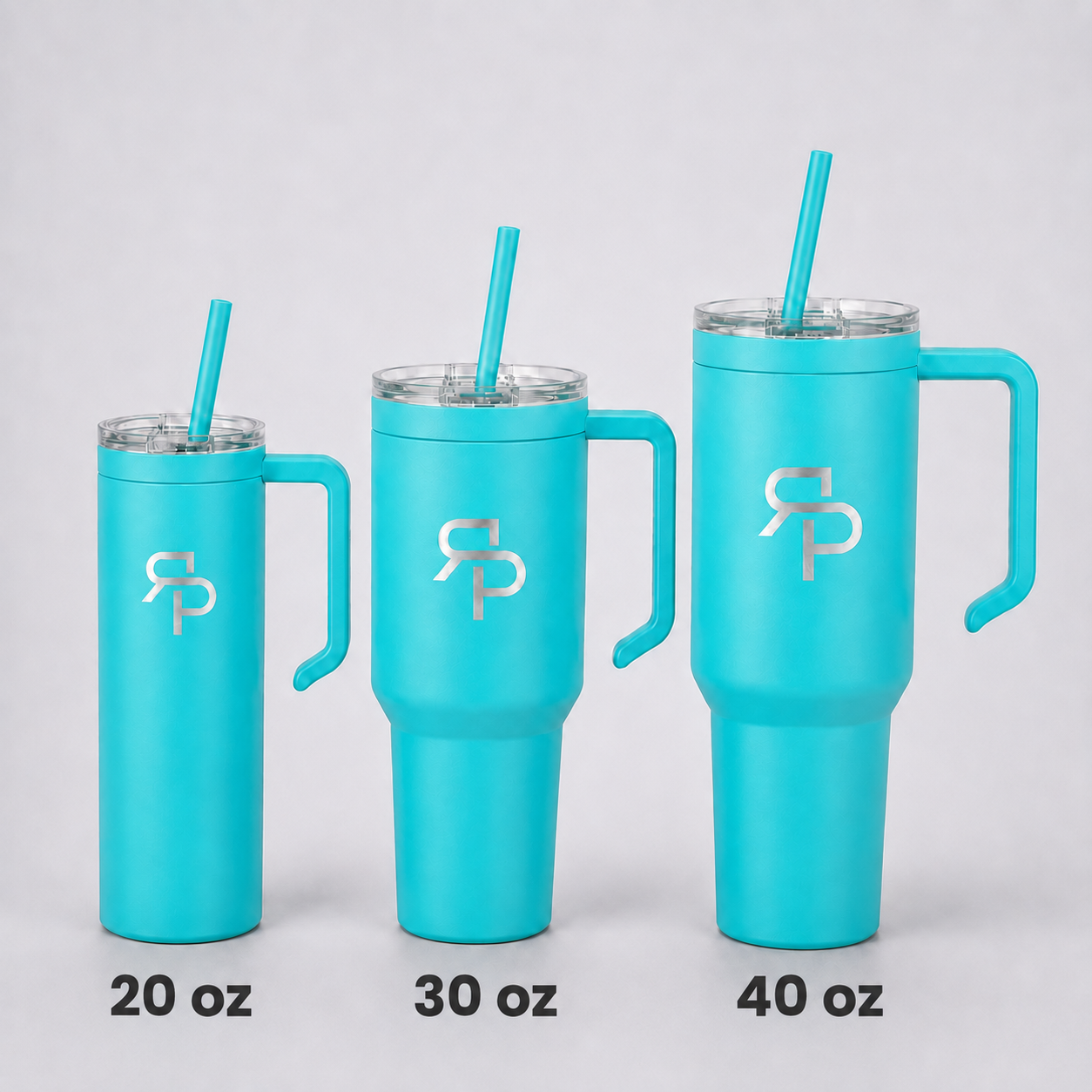 Teal RSP Classic Tumblers labeled 20 oz, 30 oz, and 40 oz