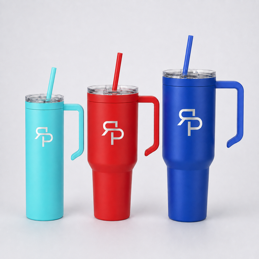 RSP Classic Tumbler size lineup in 20 oz turquoise, 30 oz red, and 40 oz royal blue