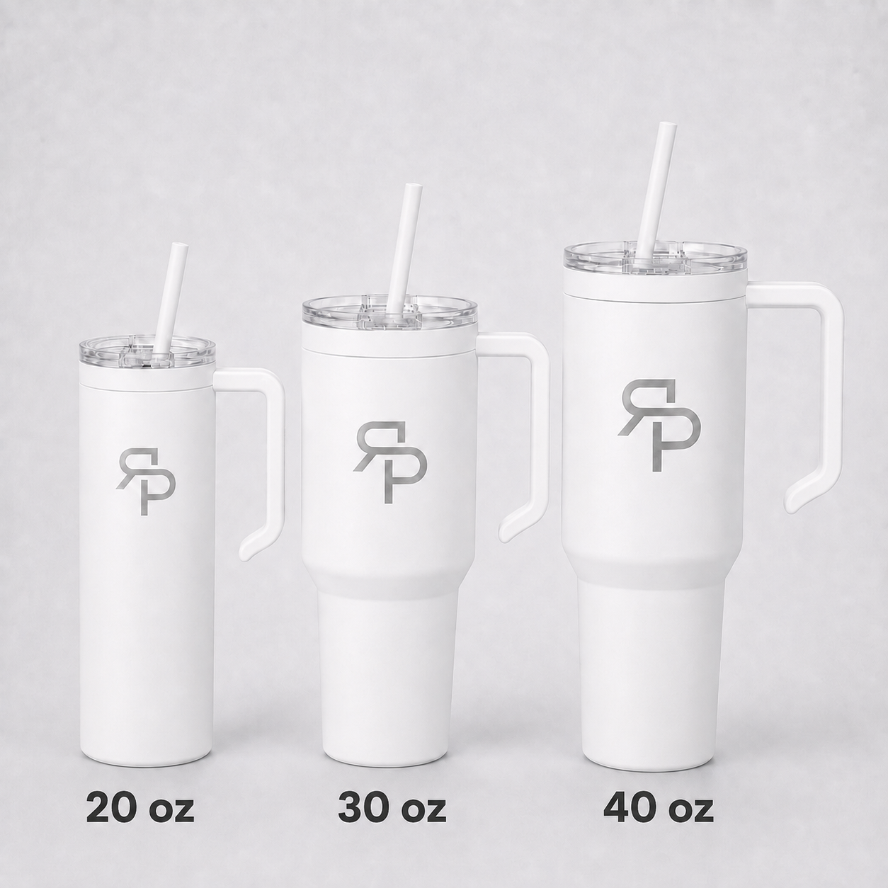 White RSP Classic Tumblers labeled 20 oz, 30 oz, and 40 oz