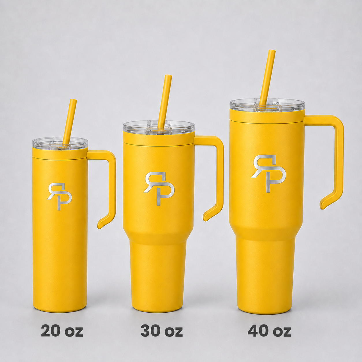 Yellow RSP Classic Tumblers labeled 20 oz, 30 oz, and 40 oz