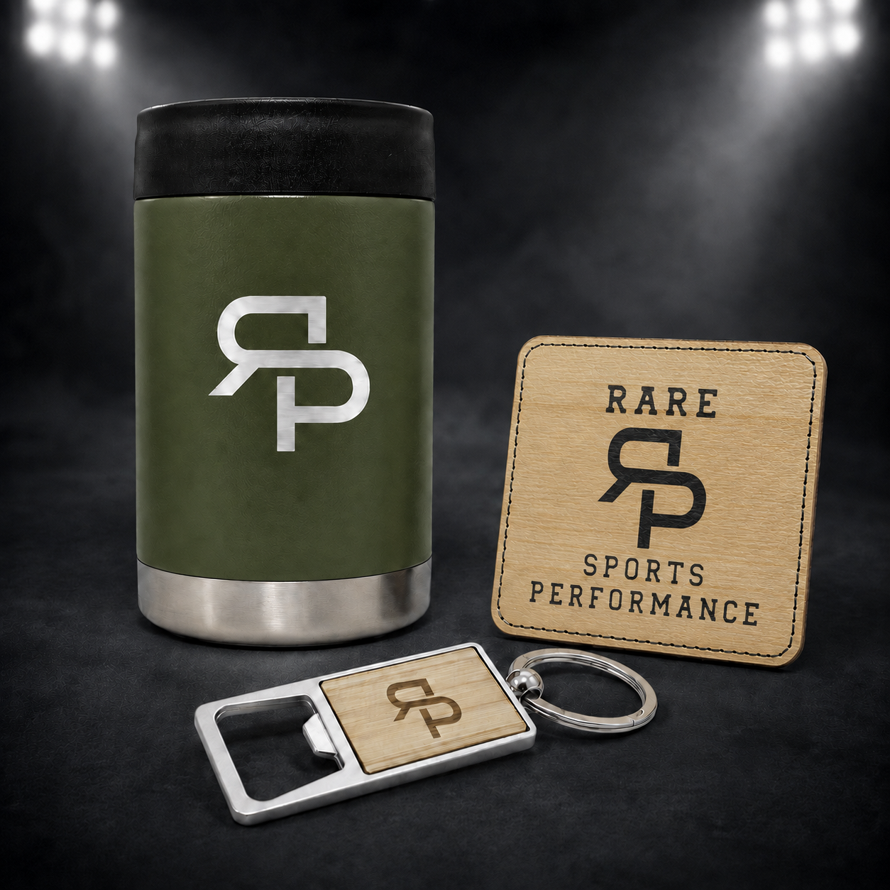 Army green RSP can cooler gift set with bamboo full-logo coaster