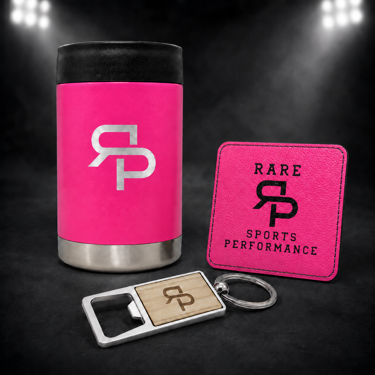 Hot pink RSP can cooler gift set with full-logo coaster