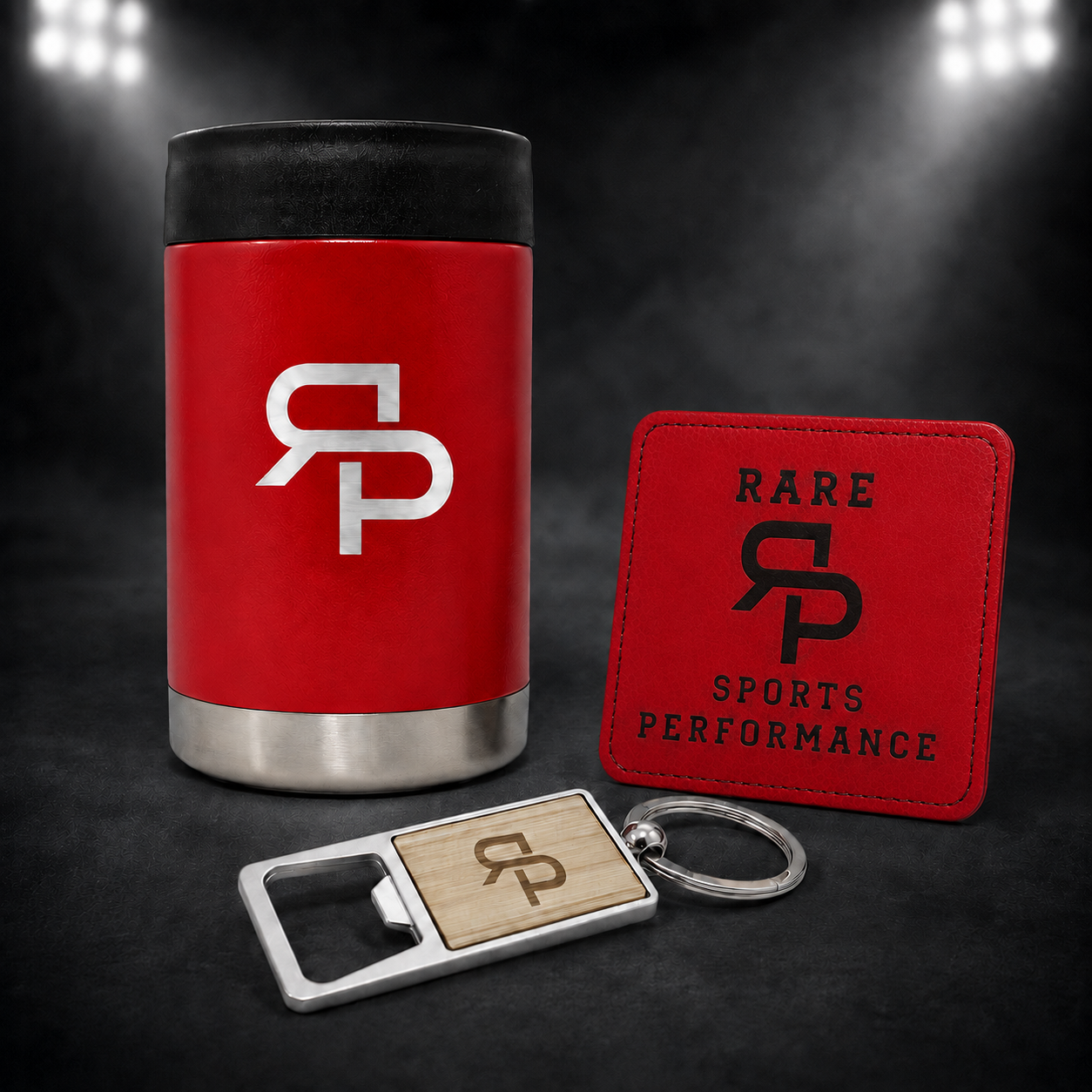 Red RSP can cooler gift set with full-logo coaster