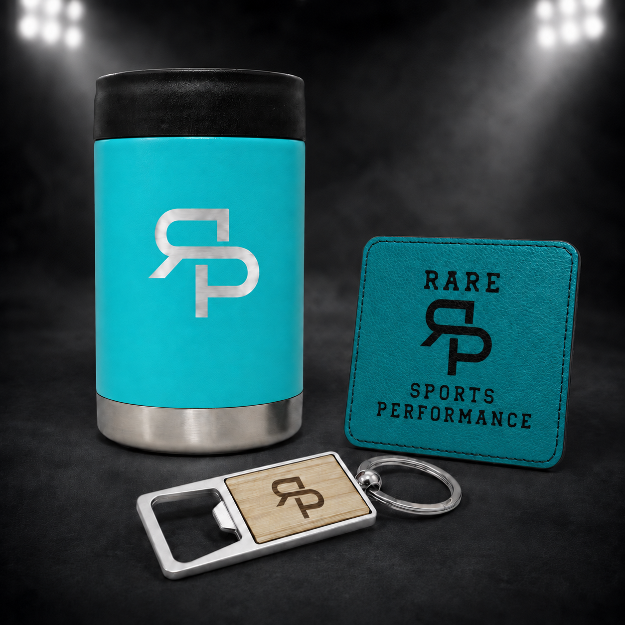 Turquoise RSP can cooler gift set with full-logo coaster