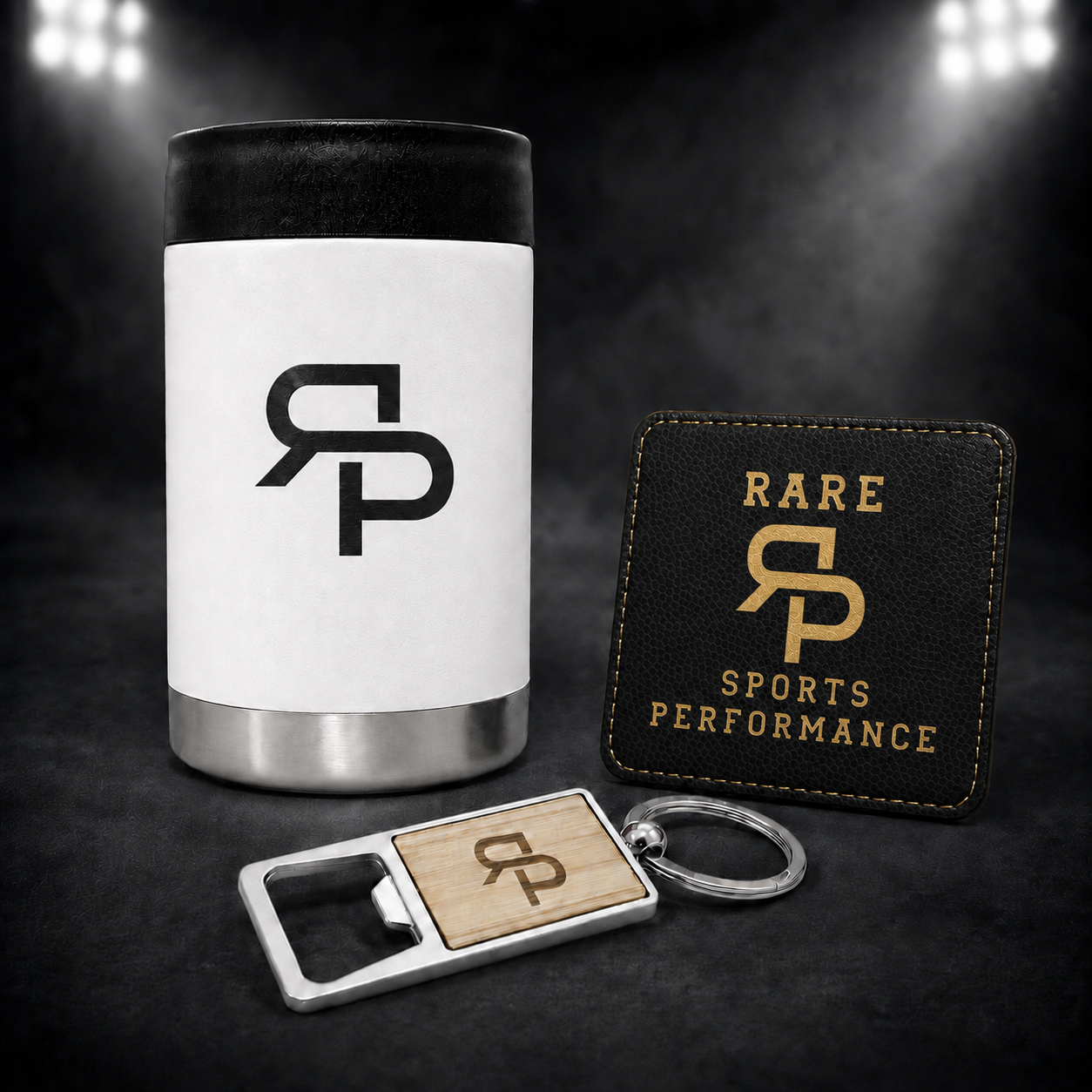 White RSP can cooler gift set with black logo and black gold coaster