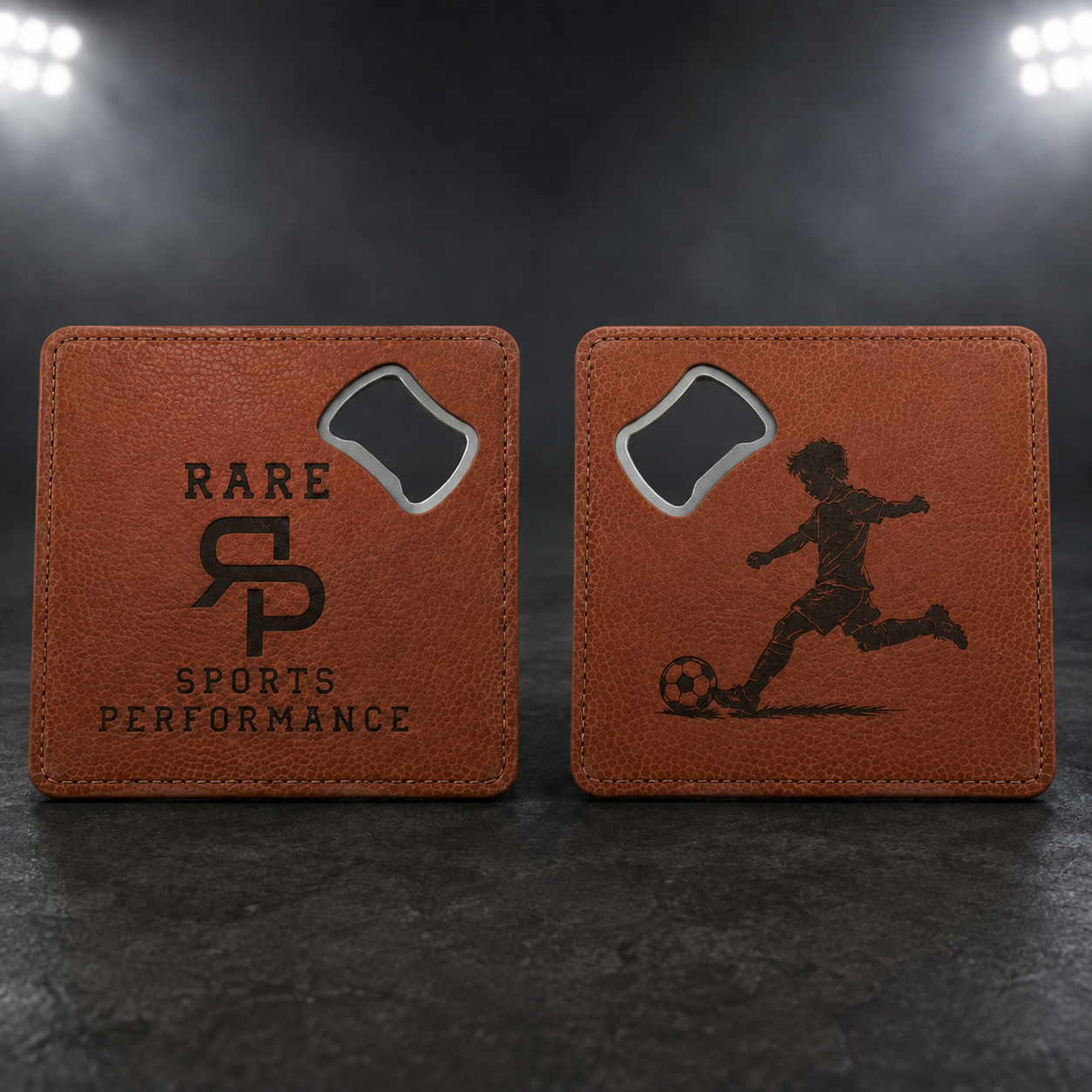 RSP personalized Laserette bottle opener coaster showing both engraved sides