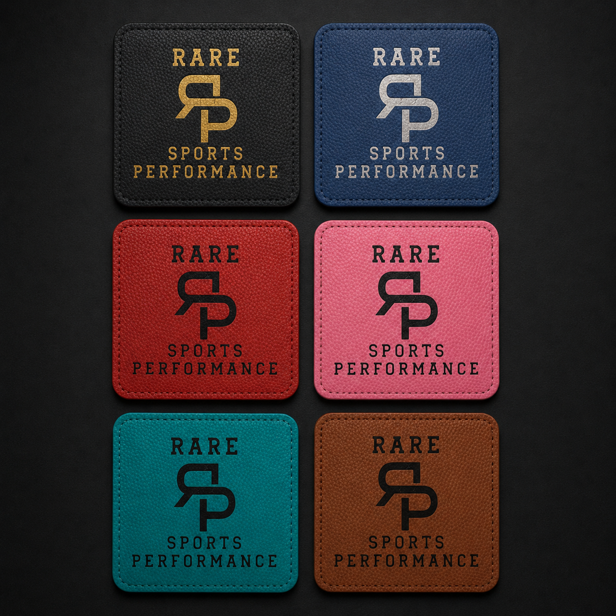 Six RSP personalized leatherette coaster colors with full RSP logo